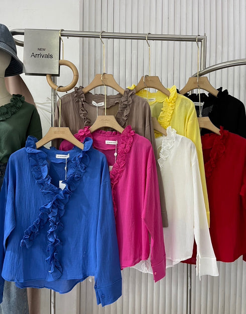 Ruffle Neckline Long Sleeves Tops